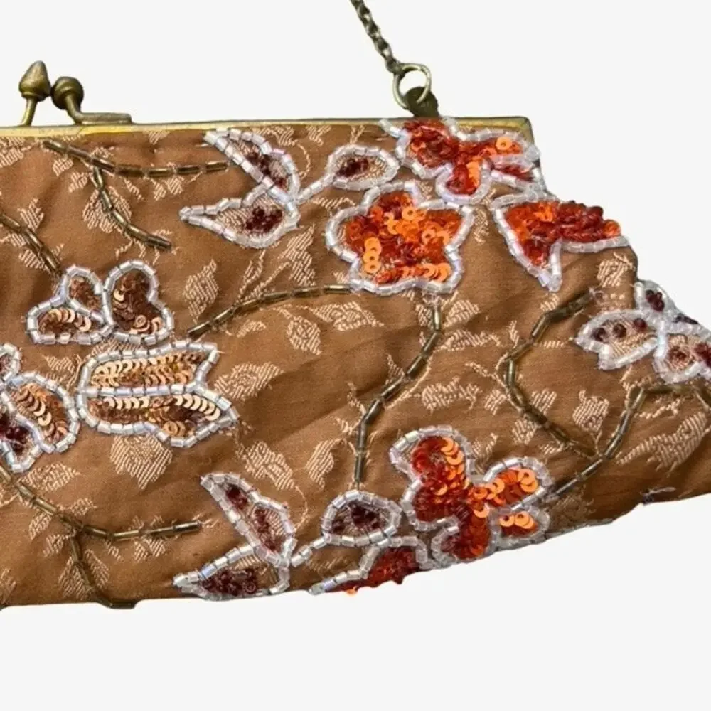Vintage Beaded Floral Sequin Clutch Evening Bag Kiss Lock Purse Y2K Glam
